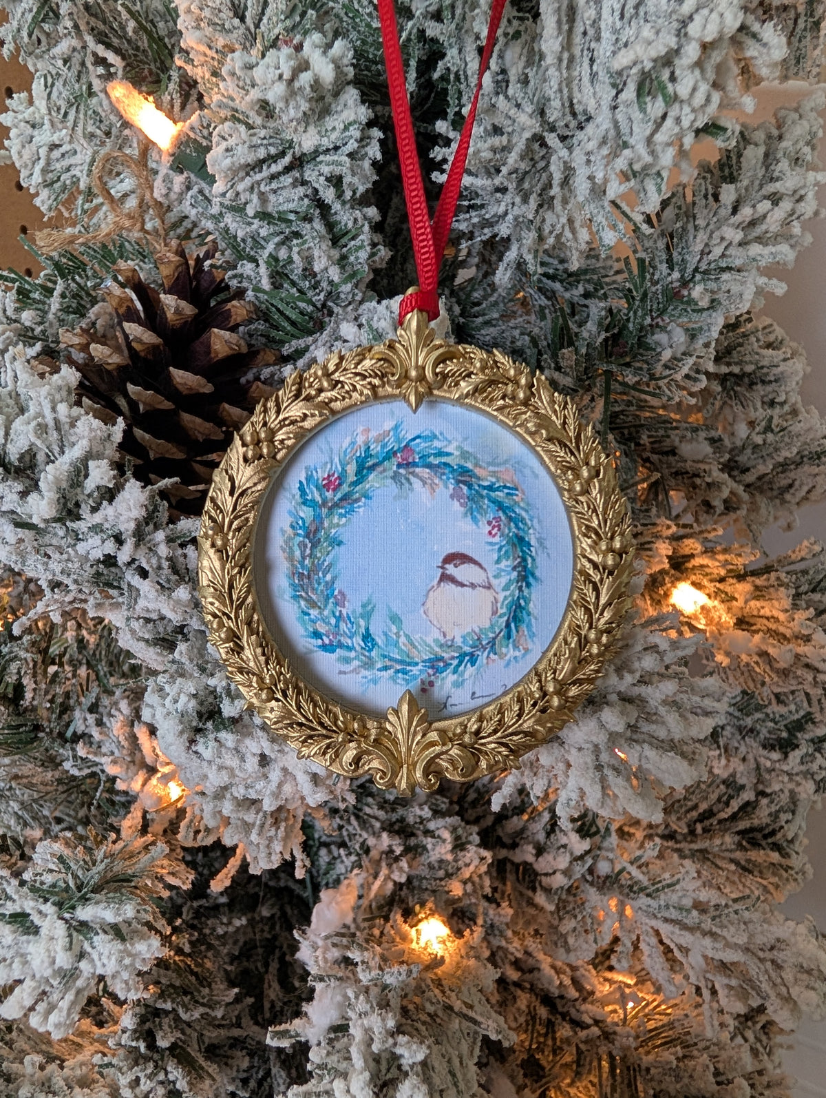 Chickadee in a Winter Wreath – Single Giclée Ornament, Christmas Friends 2026 Limited Edition