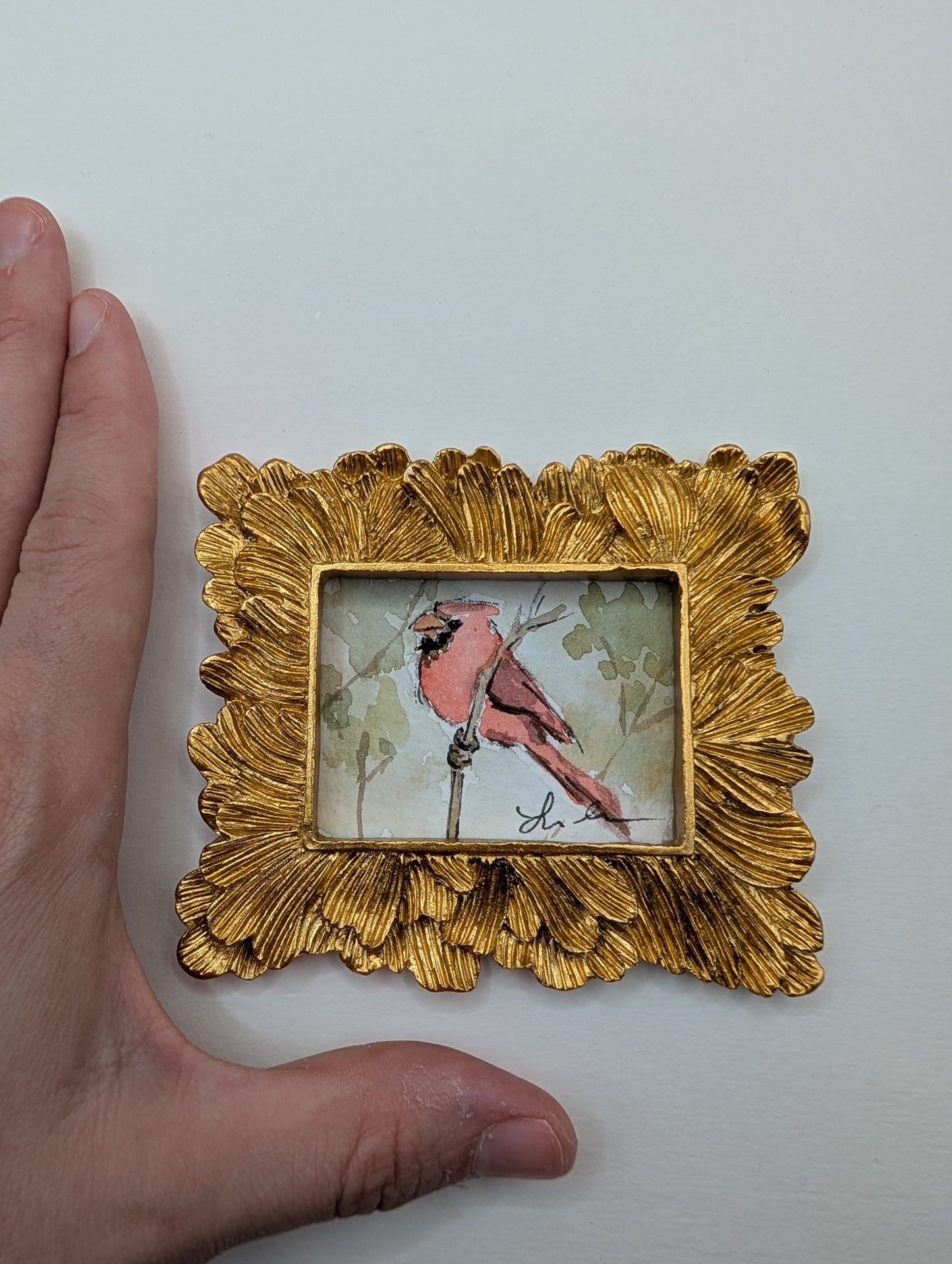 Mini Cardinal Bird Painting - Original Watercolor Art by Lora Cavallin