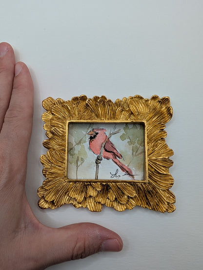 Mini Cardinal Bird Painting - Original Watercolor Art by Lora Cavallin