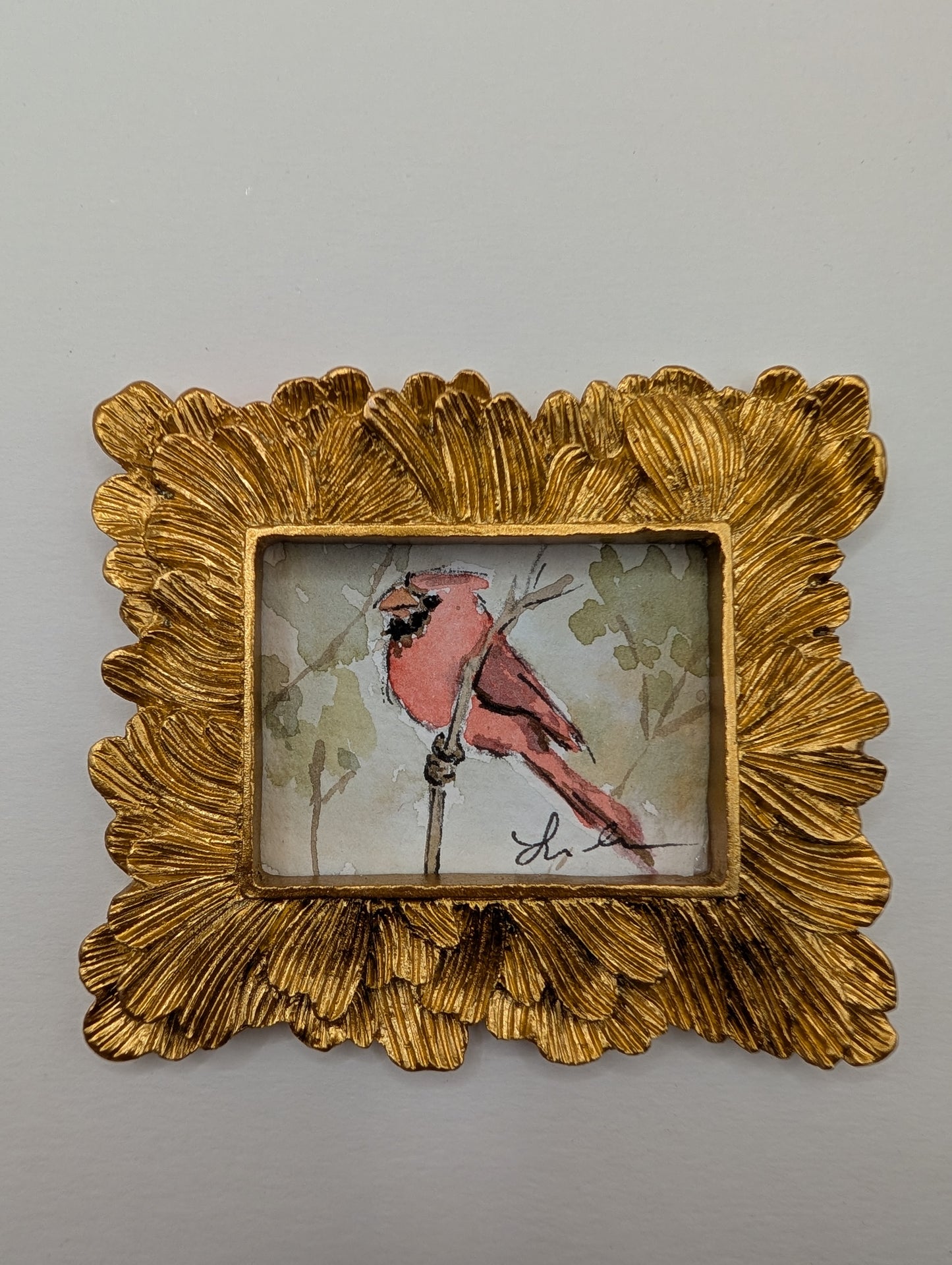 Mini Cardinal Bird Painting - Original Watercolor Art by Lora Cavallin