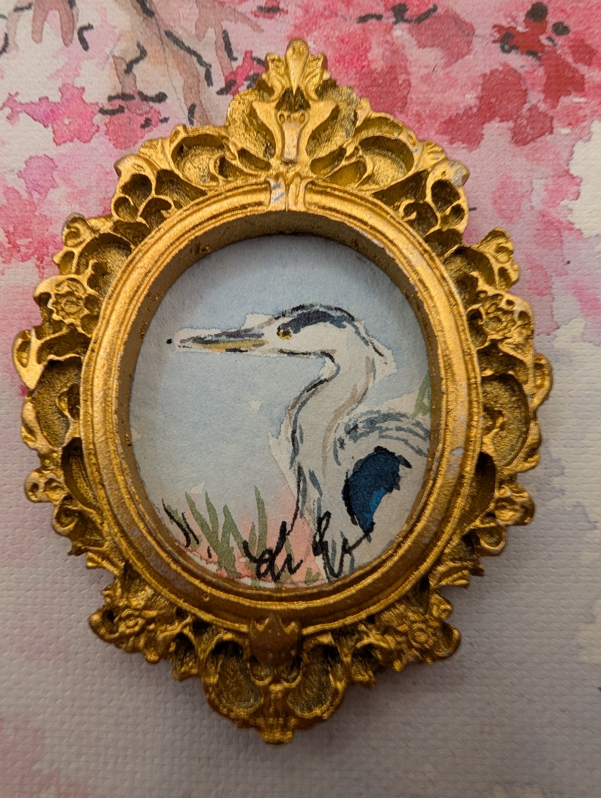 Mini Blue Heron Painting - Original Watercolor Art by Lora Cavallin