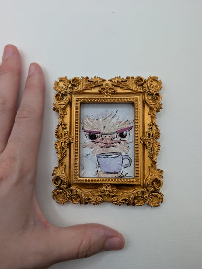 Mini Ostrich with Glasses and Mug Painting - Original Watercolor Art by Lora Cavallin