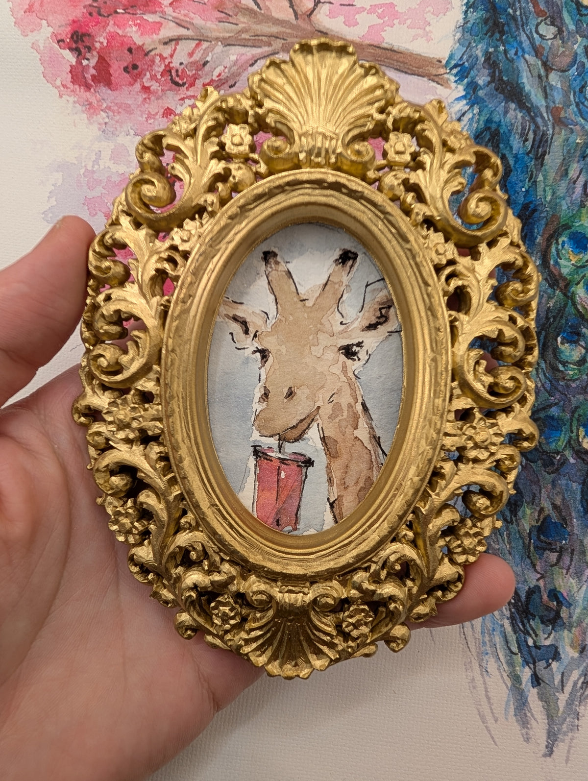 Mini Giraffe with Iced Drink Painting - Original Watercolor Art by Lora Cavallin