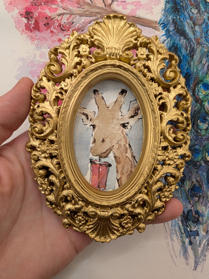 Mini Giraffe with Iced Drink Painting - Original Watercolor Art by Lora Cavallin