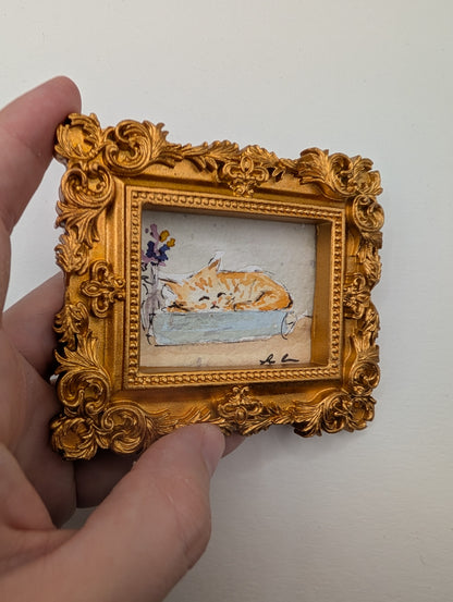 Mini Sleeping Cat Painting - Original Watercolor Art by Lora Cavallin