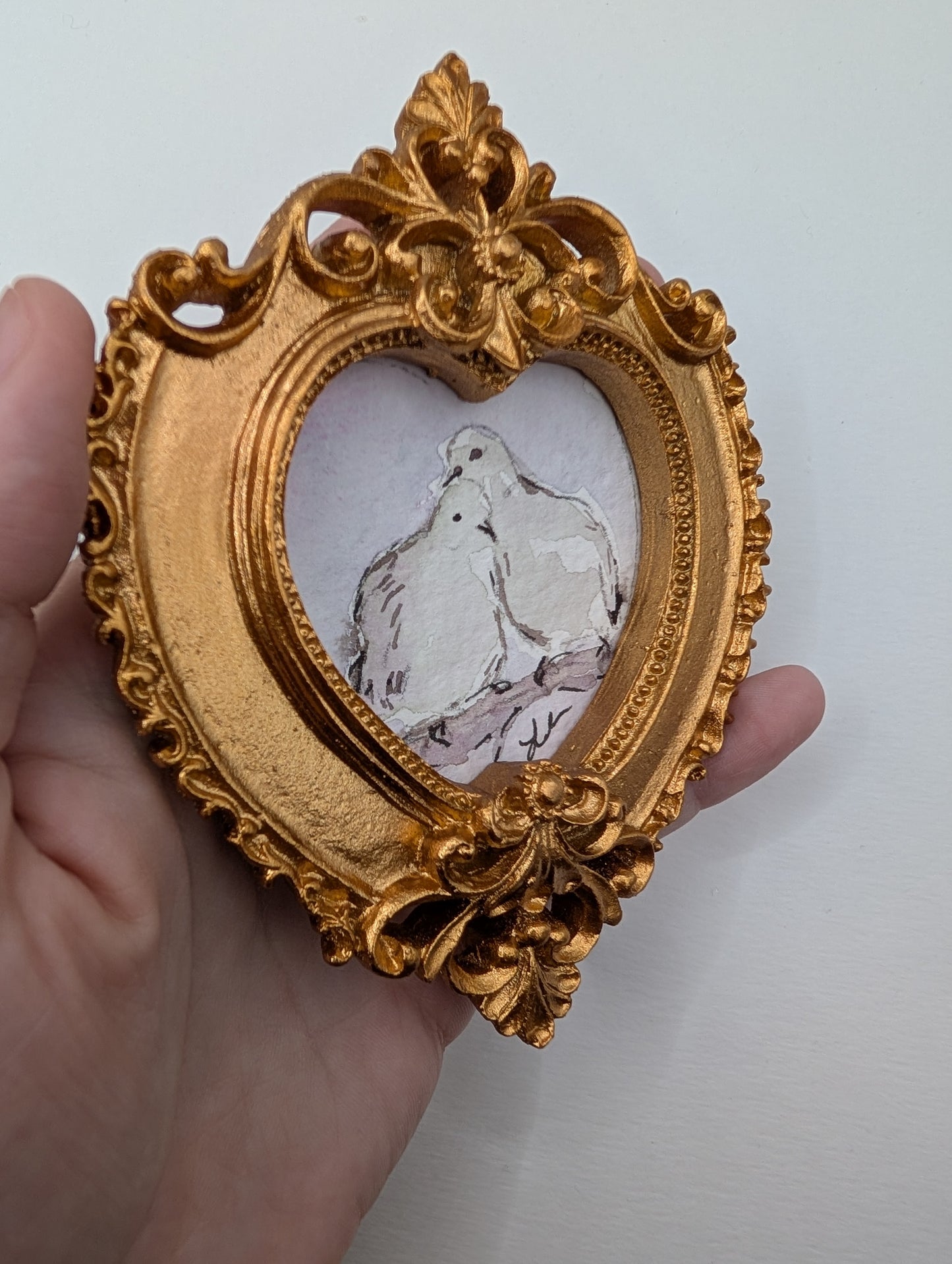 Mini Doves in Love Painting - Original Watercolor Art by Lora Cavallin