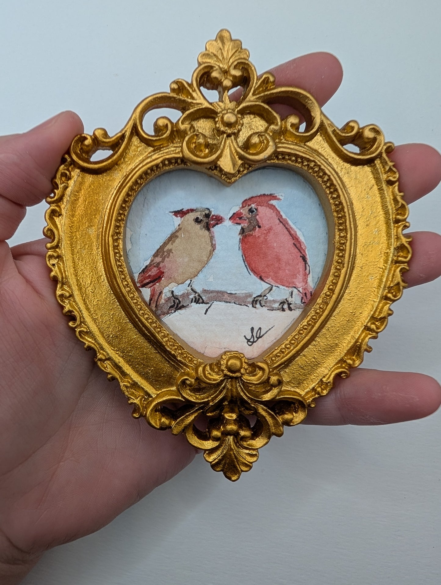 Mini Male and Female Cardinal Birds Painting - Original Watercolor Art by Lora Cavallin