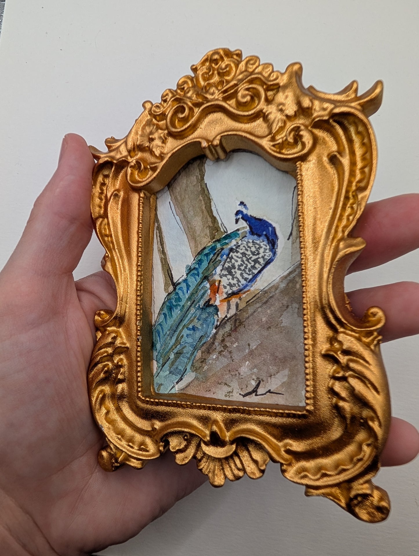 Mini Peacock Painting - Original Watercolor Art by Lora Cavallin