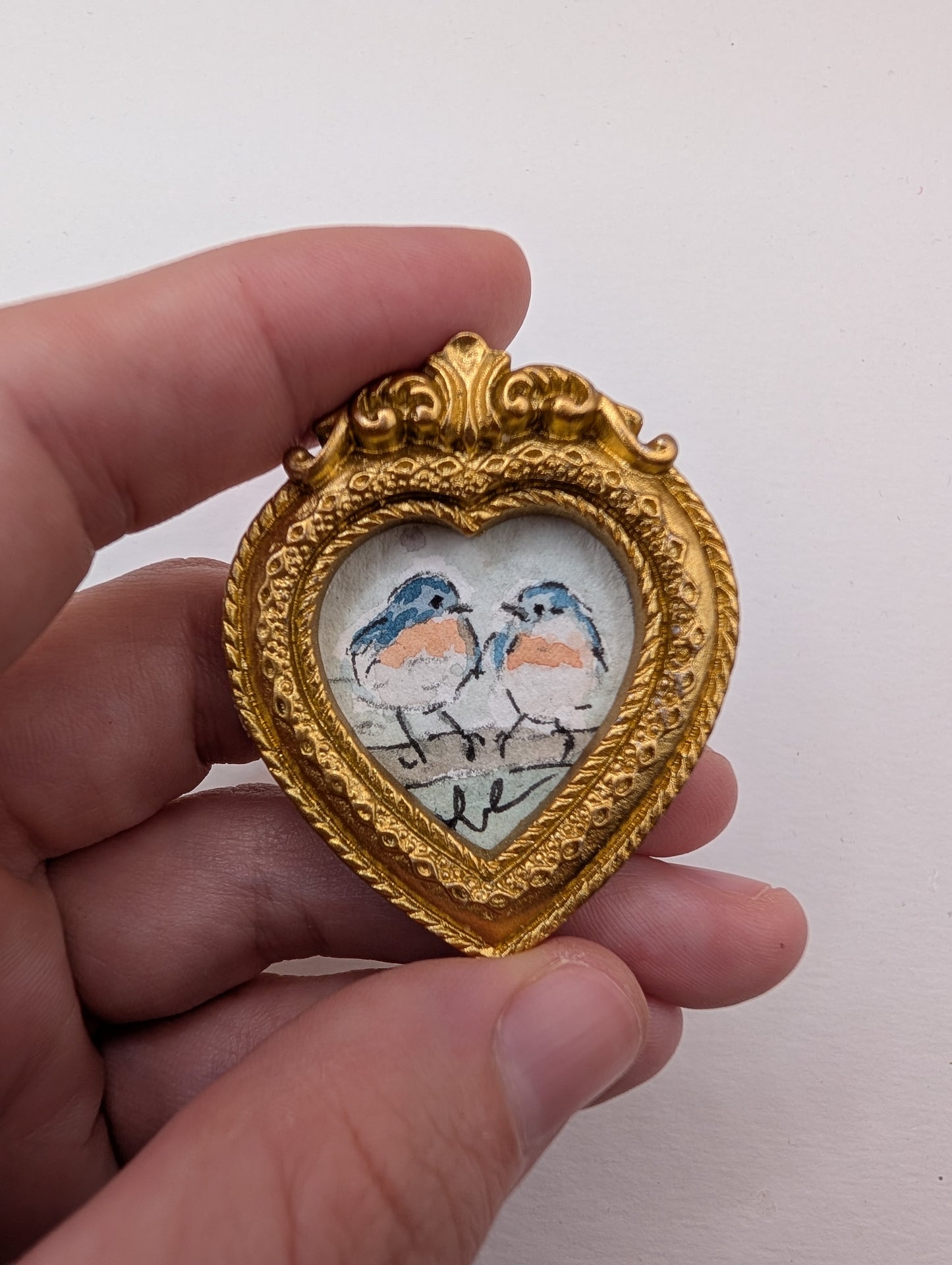 Mini Bluebirds in Love Painting - Original Watercolor Art by Lora Cavallin