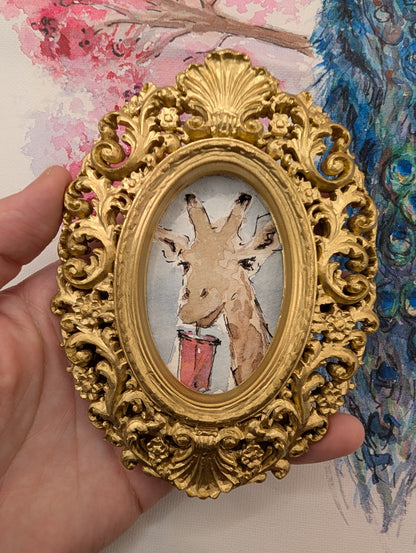 Mini Giraffe with Iced Drink Painting - Original Watercolor Art by Lora Cavallin