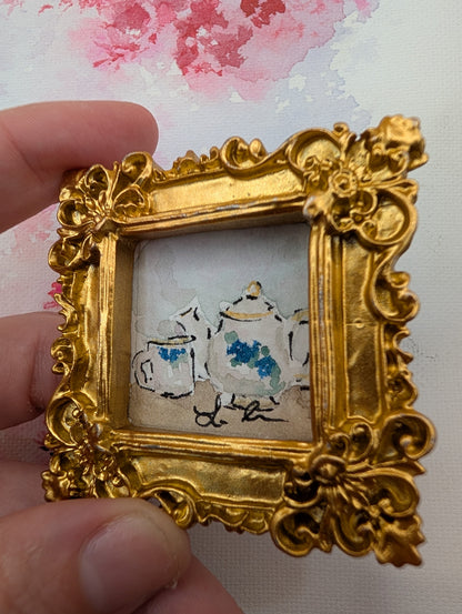 Mini Teapot and Teacup Painting - Original Watercolor Art by Lora Cavallin