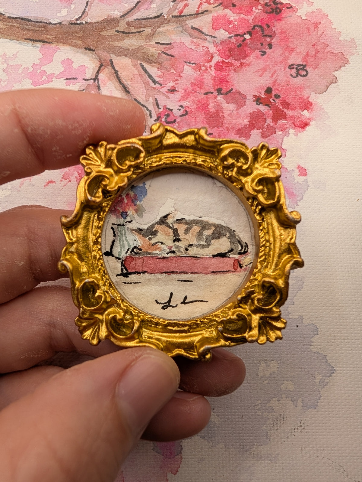 Mini Sleeping Cat Painting - Original Watercolor Art by Lora Cavallin