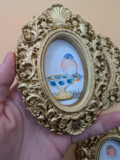 Small Birds on Teacups Art Print Set of Three - With Gold Frames - Watercolor Design