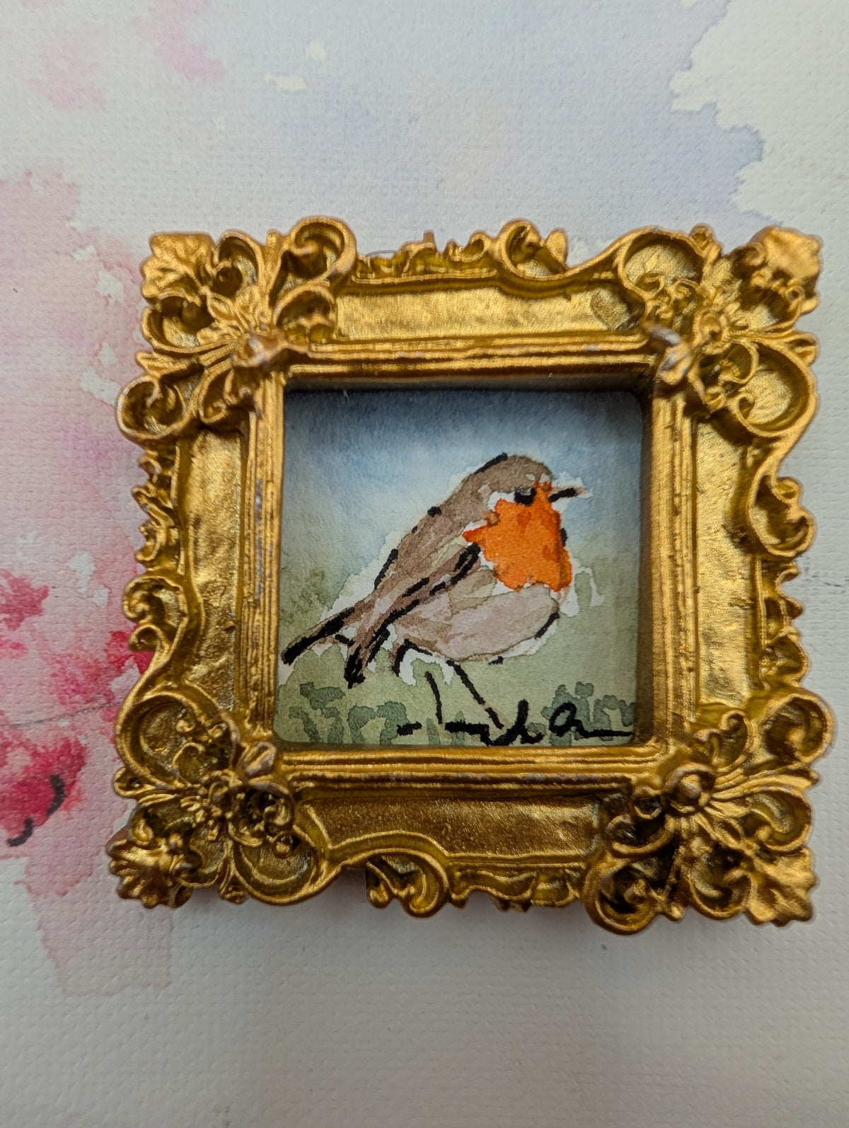 Mini Robin Bird Painting - Original Watercolor Art by Lora Cavallin