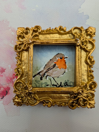 Mini Robin Bird Painting - Original Watercolor Art by Lora Cavallin