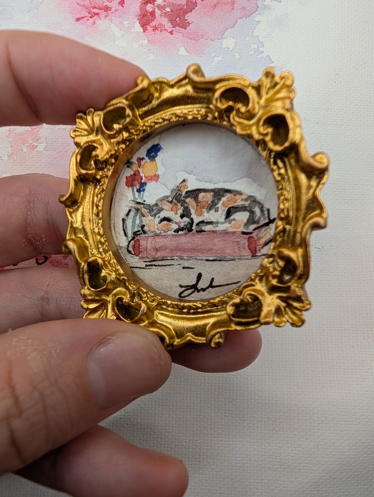 Mini Sleeping Cat on Book Painting - Original Watercolor Art by Lora Cavallin