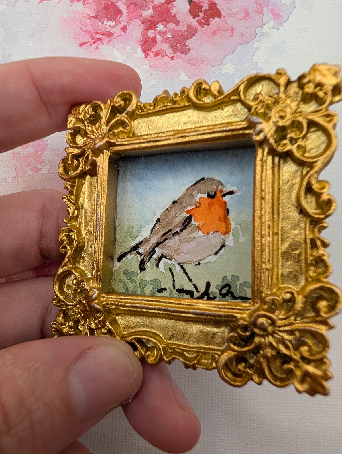 Mini Robin Bird Painting - Original Watercolor Art by Lora Cavallin