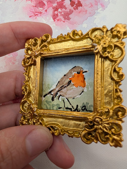 Mini Robin Bird Painting - Original Watercolor Art by Lora Cavallin