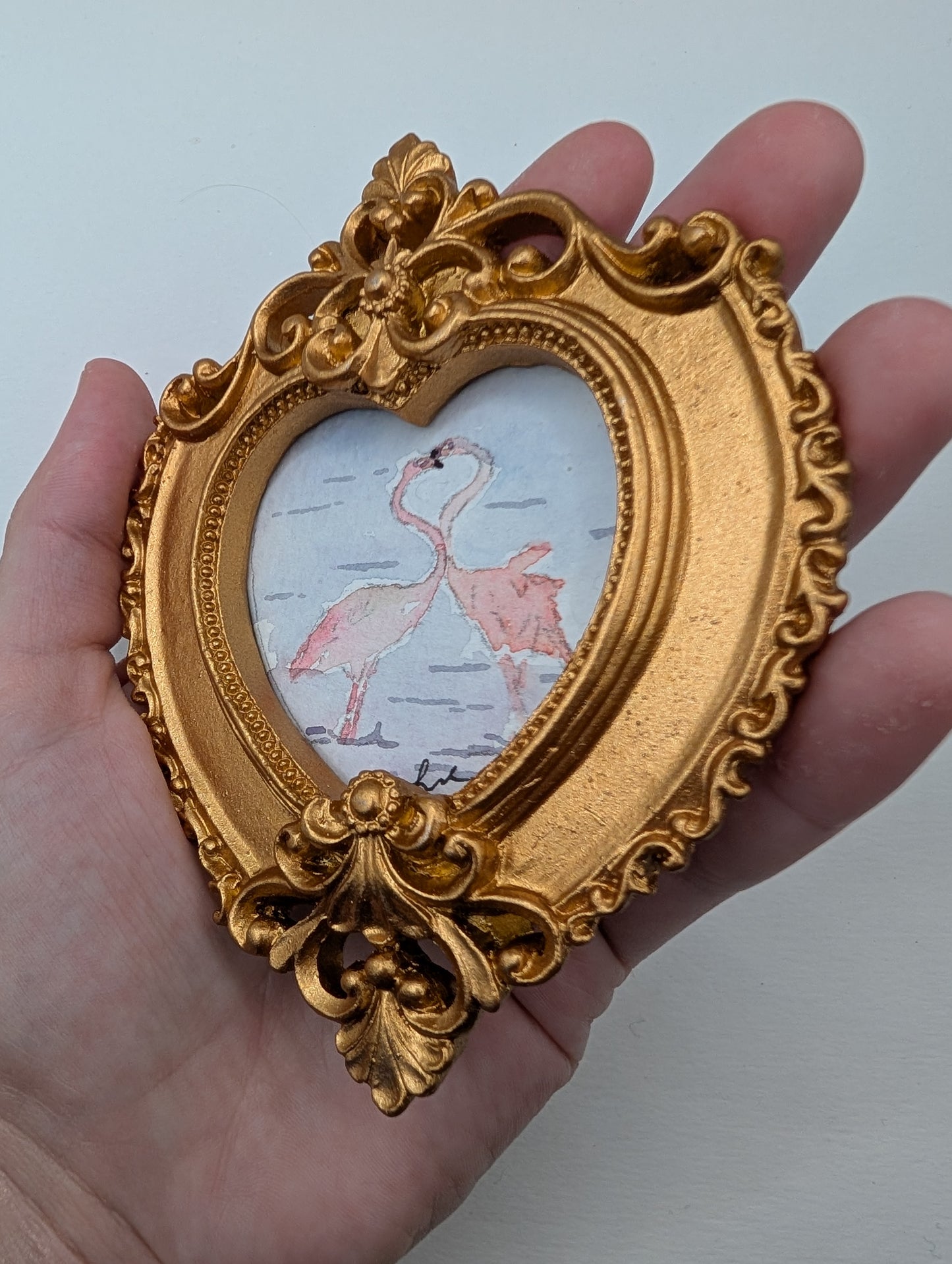 Mini Flamingos in Love Painting - Original Watercolor Art by Lora Cavallin