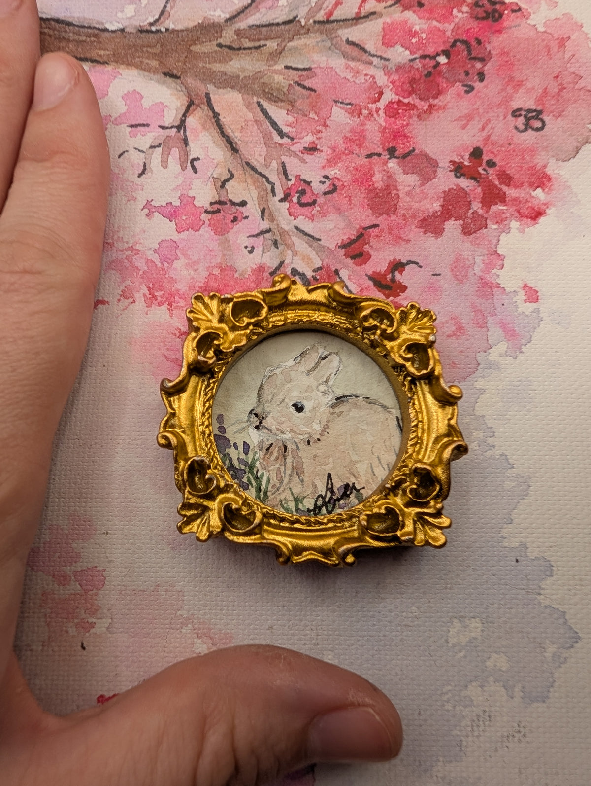 Mini Baby Bunny Painting - Original Watercolor Art by Lora Cavallin
