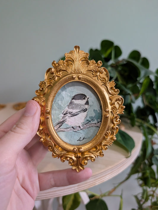 Mini Chickadee Bird Painting - Original Watercolor Art by Lora Cavallin