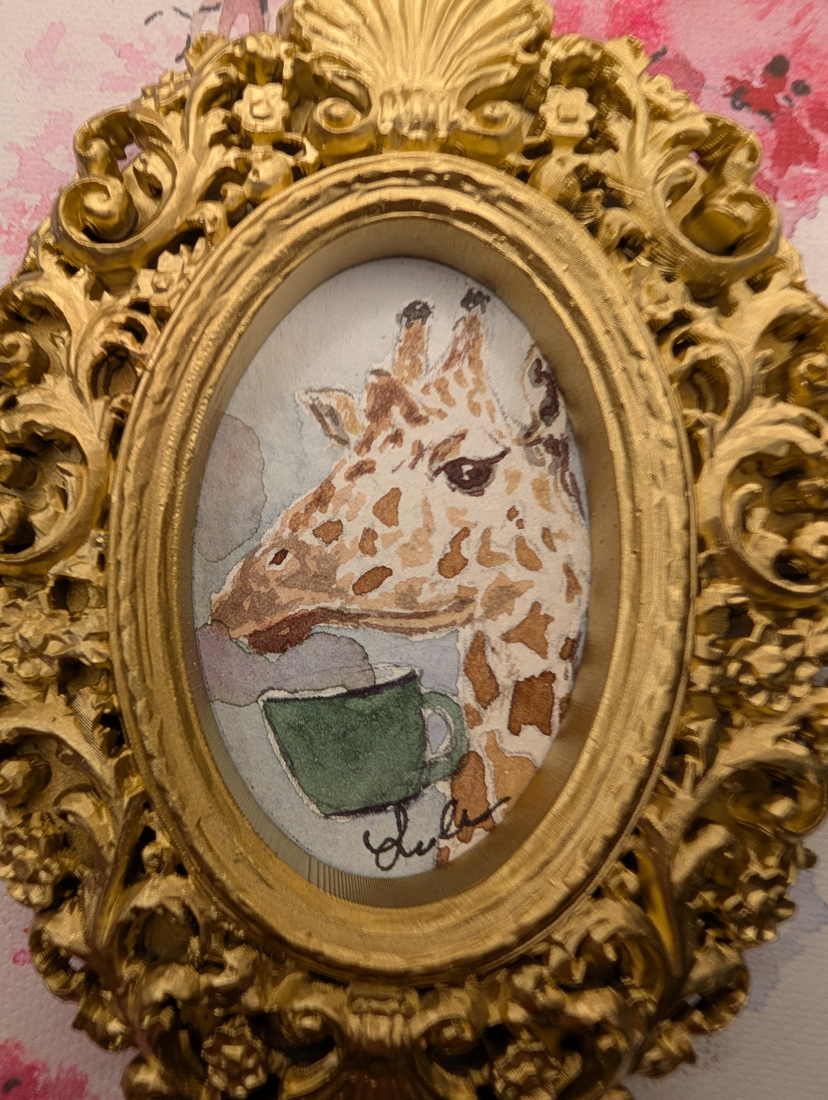 Mini Giraffe with Coffee Mug Painting - Original Watercolor Art by Lora Cavallin