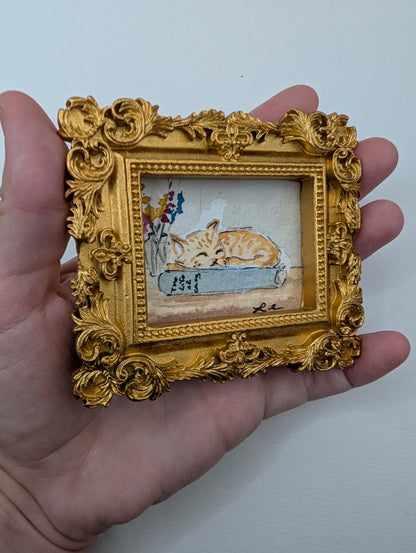 Mini Sleeping Cat Painting - Original Watercolor Art by Lora Cavallin