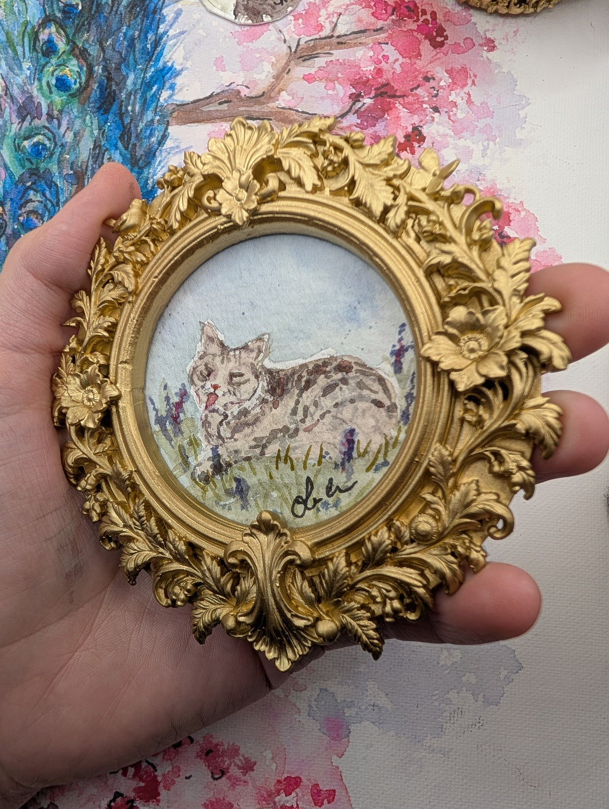Mini Cat in Field Painting - Original Watercolor Art by Lora Cavallin