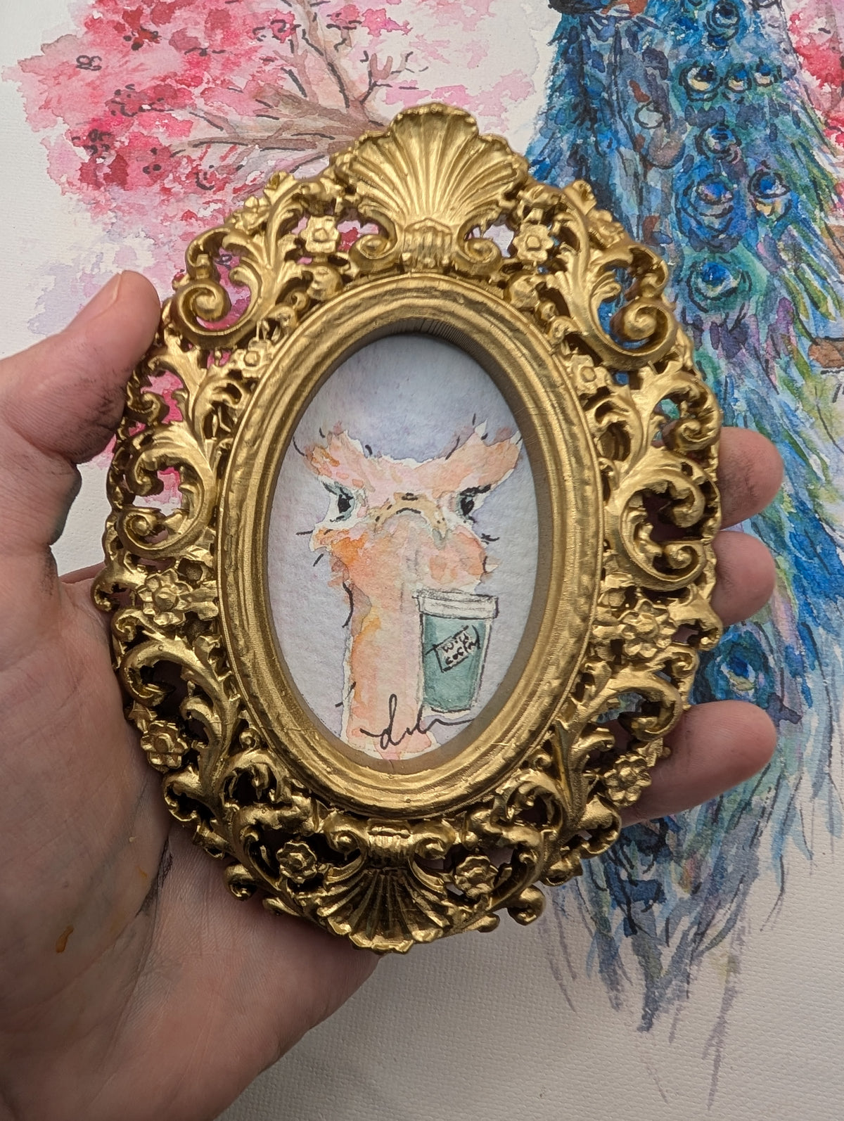 Mini Ostrich with Coffee Painting - Original Watercolor Art by Lora Cavallin
