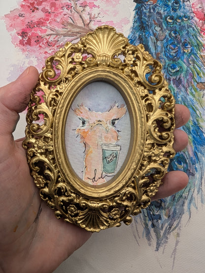 Mini Ostrich with Coffee Painting - Original Watercolor Art by Lora Cavallin