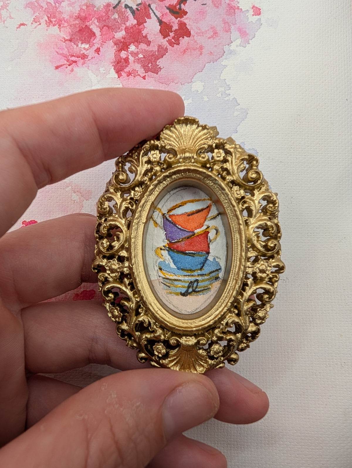 Mini Stack of Teacups Painting - Original Watercolor Art by Lora Cavallin