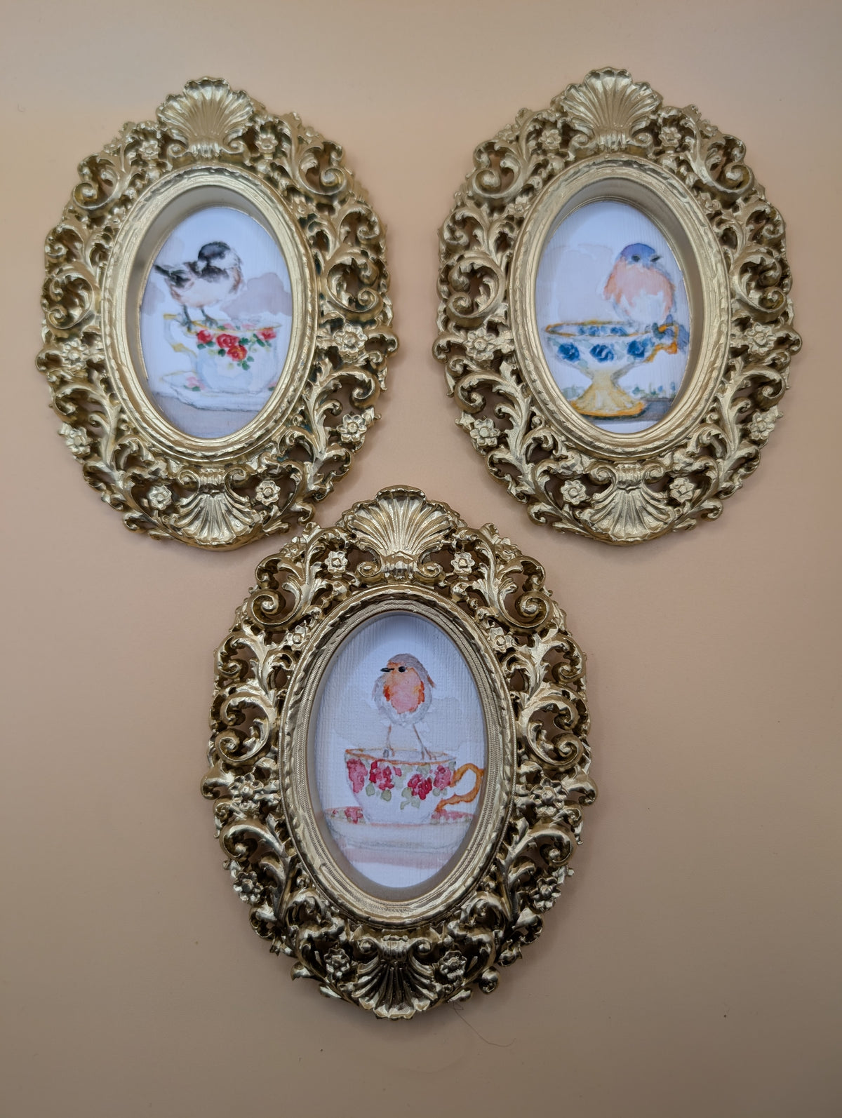Small Birds on Teacups Art Print Set of Three - With Gold Frames - Watercolor Design