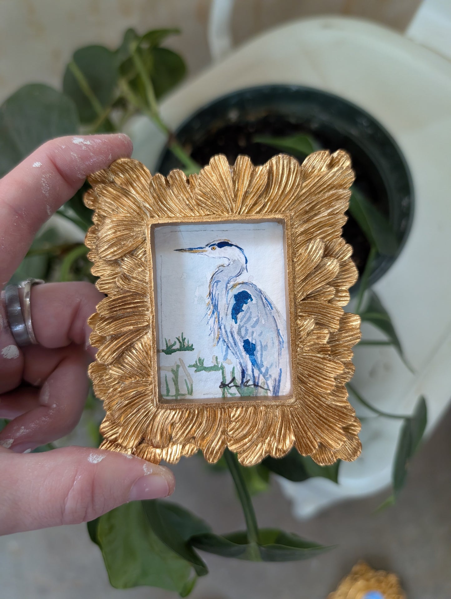 Mini Blue Heron Painting - Original Watercolor Art by Lora Cavallin