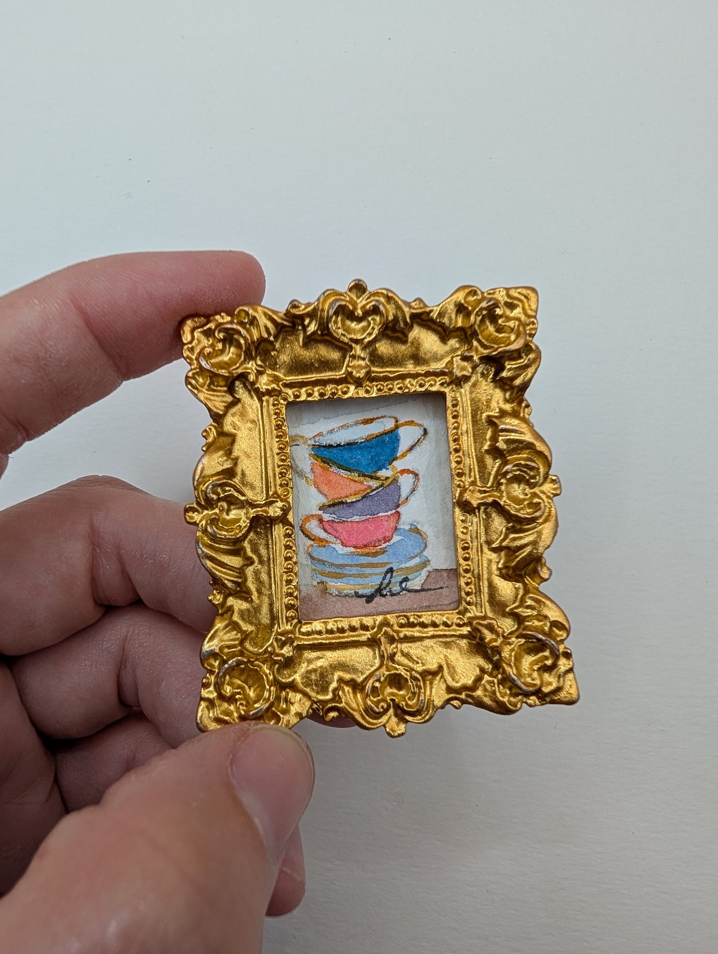 Mini Stack of Teacups Painting - Original Watercolor Art by Lora Cavallin