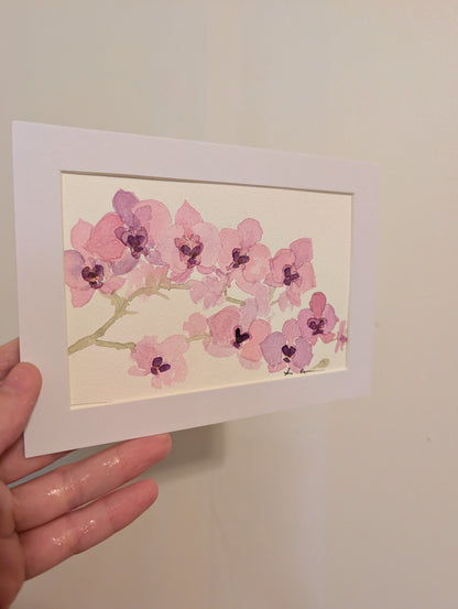 Orchid Flowers Watercolor Painting - 4 x 6" - No Frame, Comes with Mat - Art by Lora Cavallin