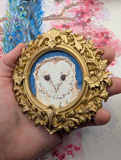 Mini Barn Owl Painting - Original Watercolor Art by Lora Cavallin