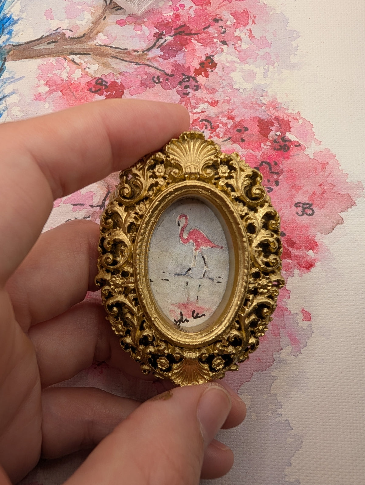 Mini Flamingo Painting - Original Watercolor Art by Lora Cavallin