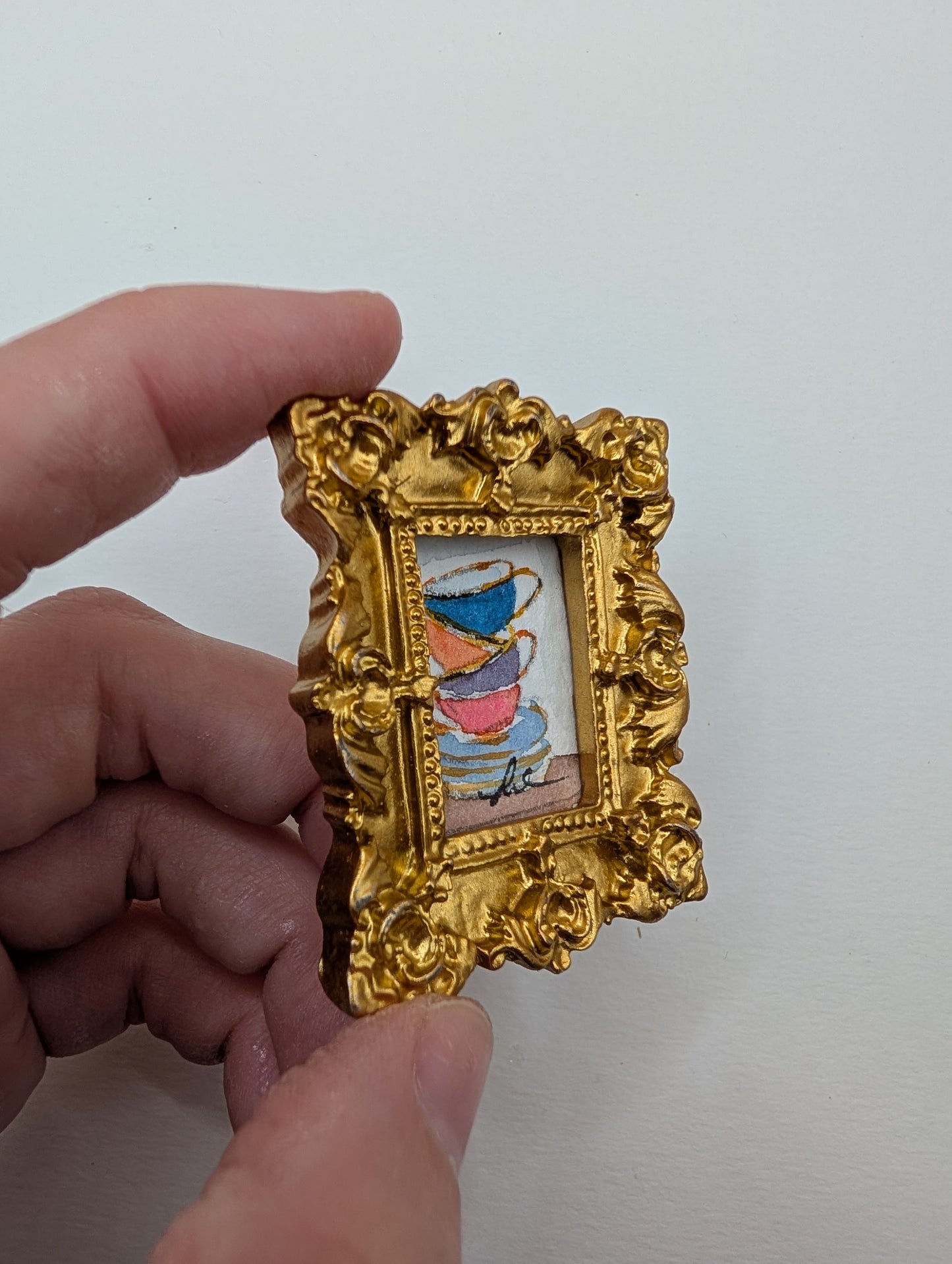 Mini Stack of Teacups Painting - Original Watercolor Art by Lora Cavallin