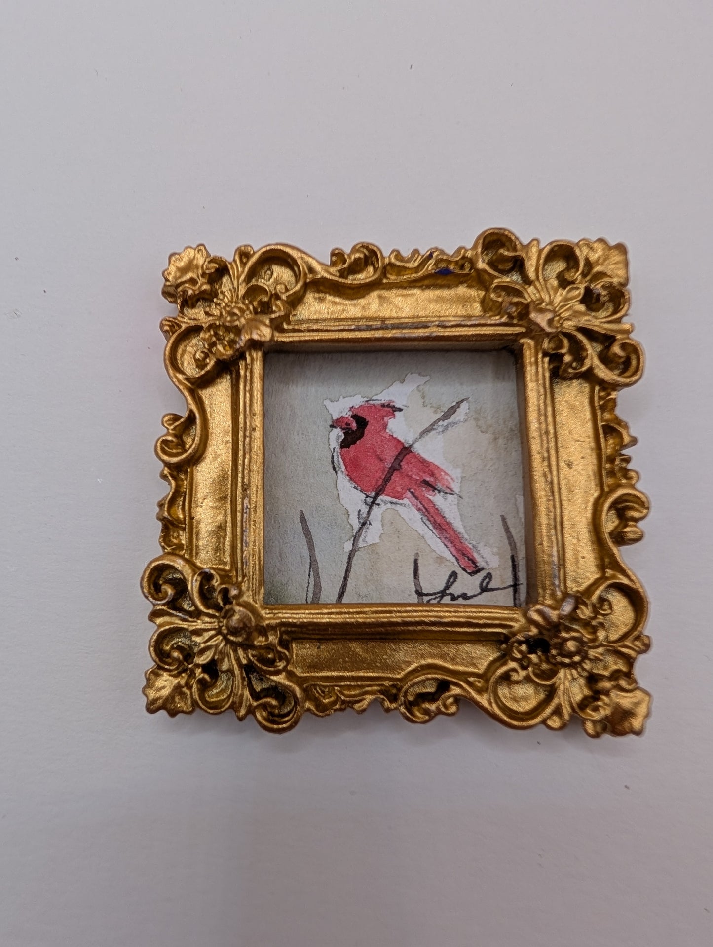 Mini Cardinal Bird Painting - Original Watercolor Art by Lora Cavallin