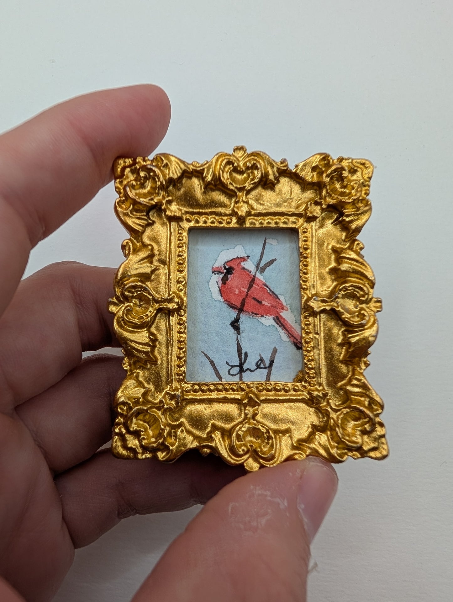 Mini Cardinal Bird Painting - Original Watercolor Art by Lora Cavallin