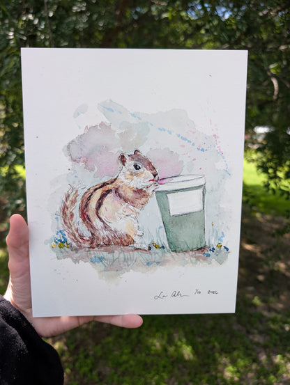 Chipmunk with Coffee Limited Edition Art Print - Personalizable - Watercolor Paper - Lora Cavallin Art - Not Framed, Print Only