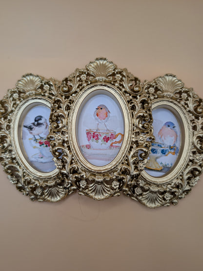 Small Birds on Teacups Art Print Set of Three - With Gold Frames - Watercolor Design