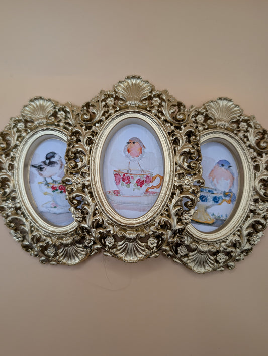 Small Birds on Teacups Art Print Set of Three - With Gold Frames - Watercolor Design
