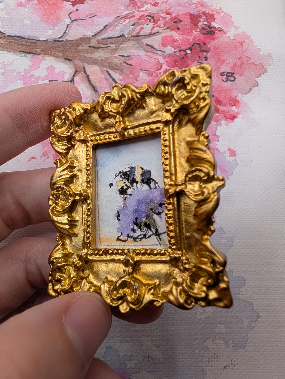 Mini Bee on Flower Painting - Original Watercolor Art by Lora Cavallin