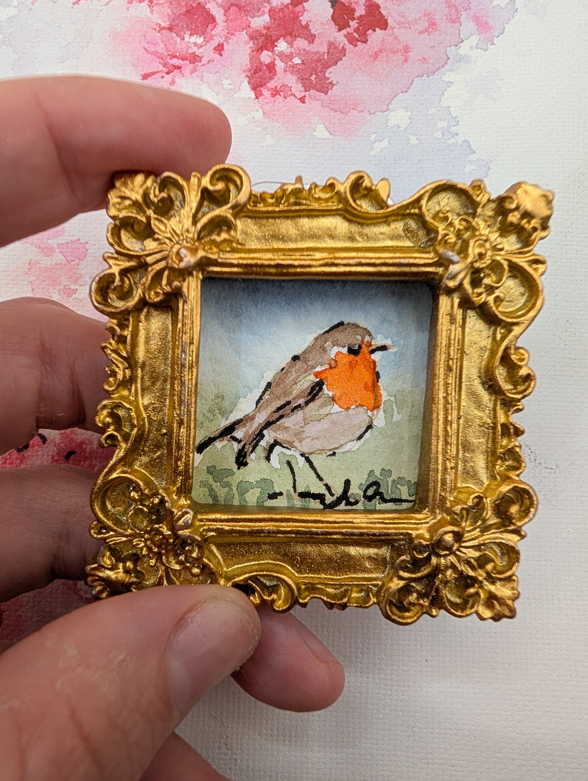 Mini Robin Bird Painting - Original Watercolor Art by Lora Cavallin