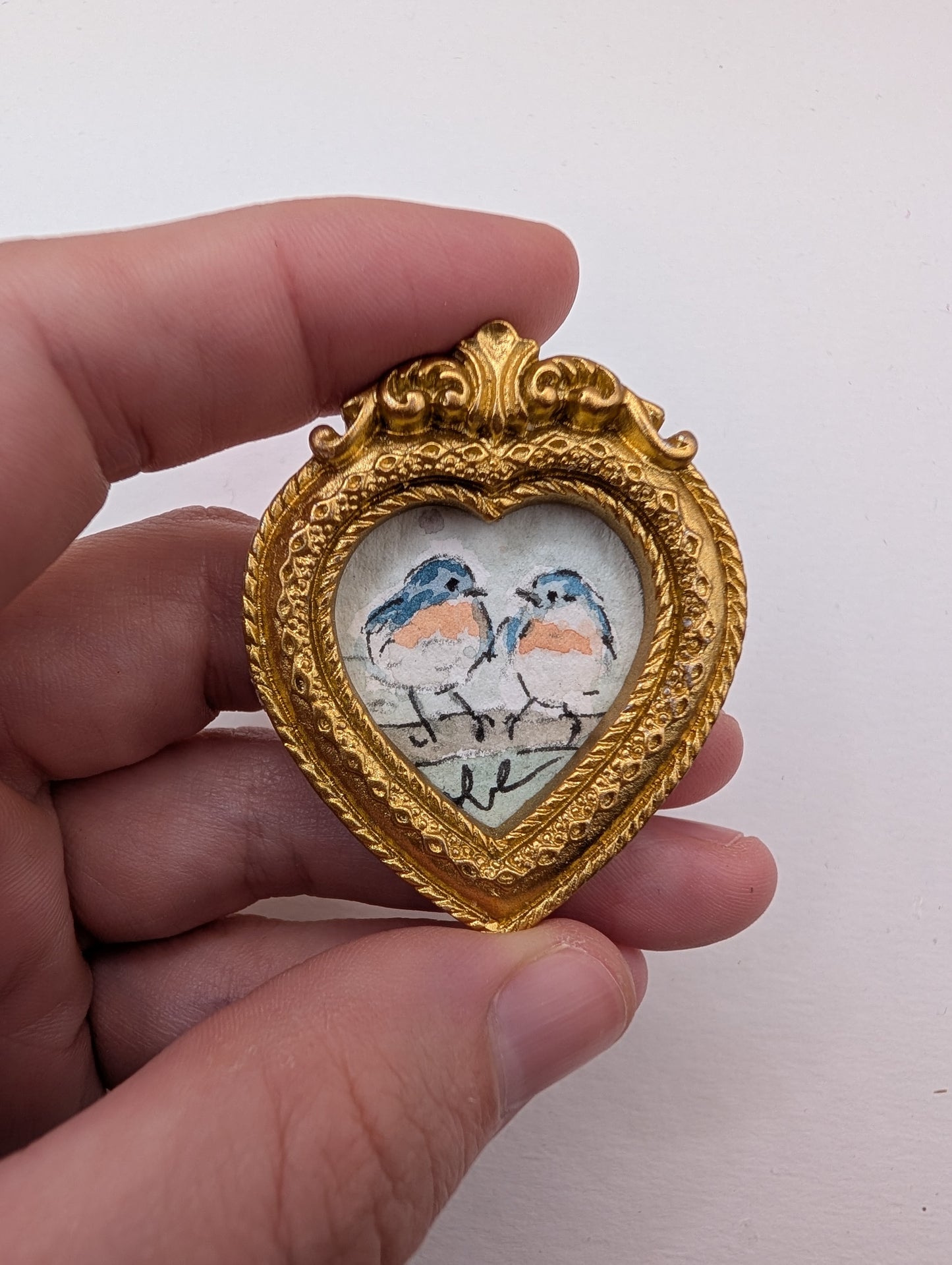 Mini Bluebirds in Love Painting - Original Watercolor Art by Lora Cavallin