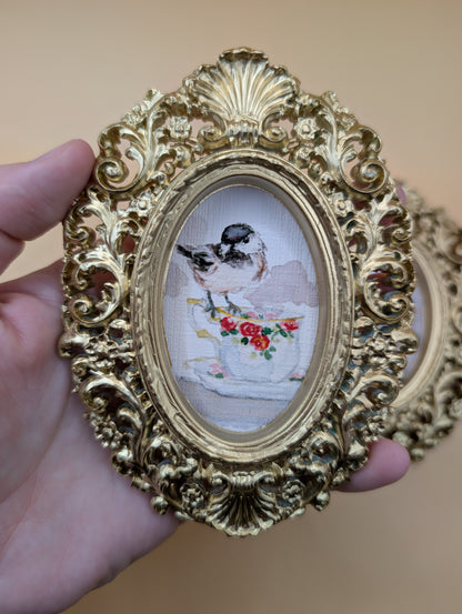 Small Birds on Teacups Art Print Set of Three - With Gold Frames - Watercolor Design
