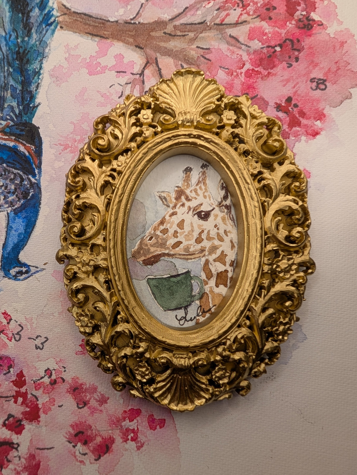 Mini Giraffe with Coffee Mug Painting - Original Watercolor Art by Lora Cavallin