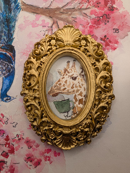 Mini Giraffe with Coffee Mug Painting - Original Watercolor Art by Lora Cavallin