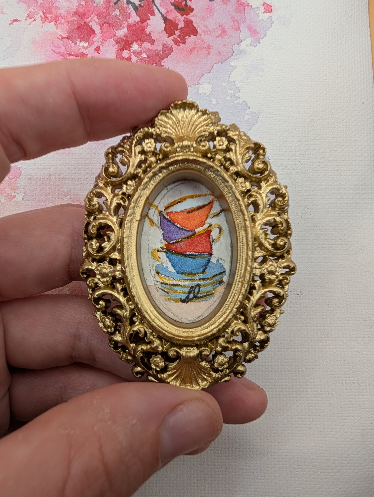 Mini Stack of Teacups Painting - Original Watercolor Art by Lora Cavallin
